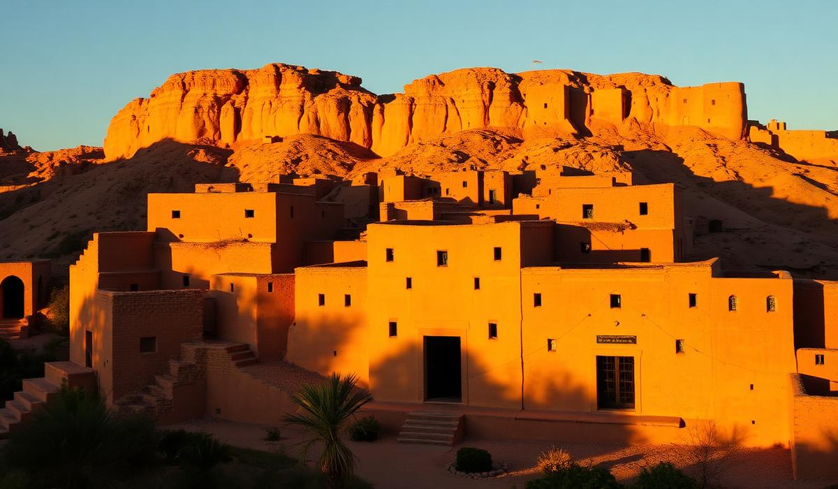 Golden hour light on the mud-brick kasbah of Ait Ben Haddou, a UNESCO world heritage site on the Marrakech to Merzouga route