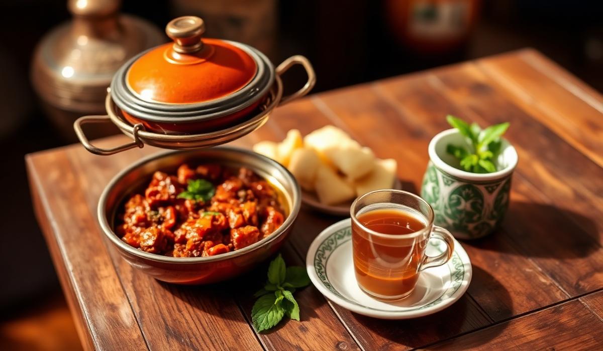 Moroccan lamb tagine with prunes served in a clay dish alongside mint tea — typical lunch in the Marrakech medina