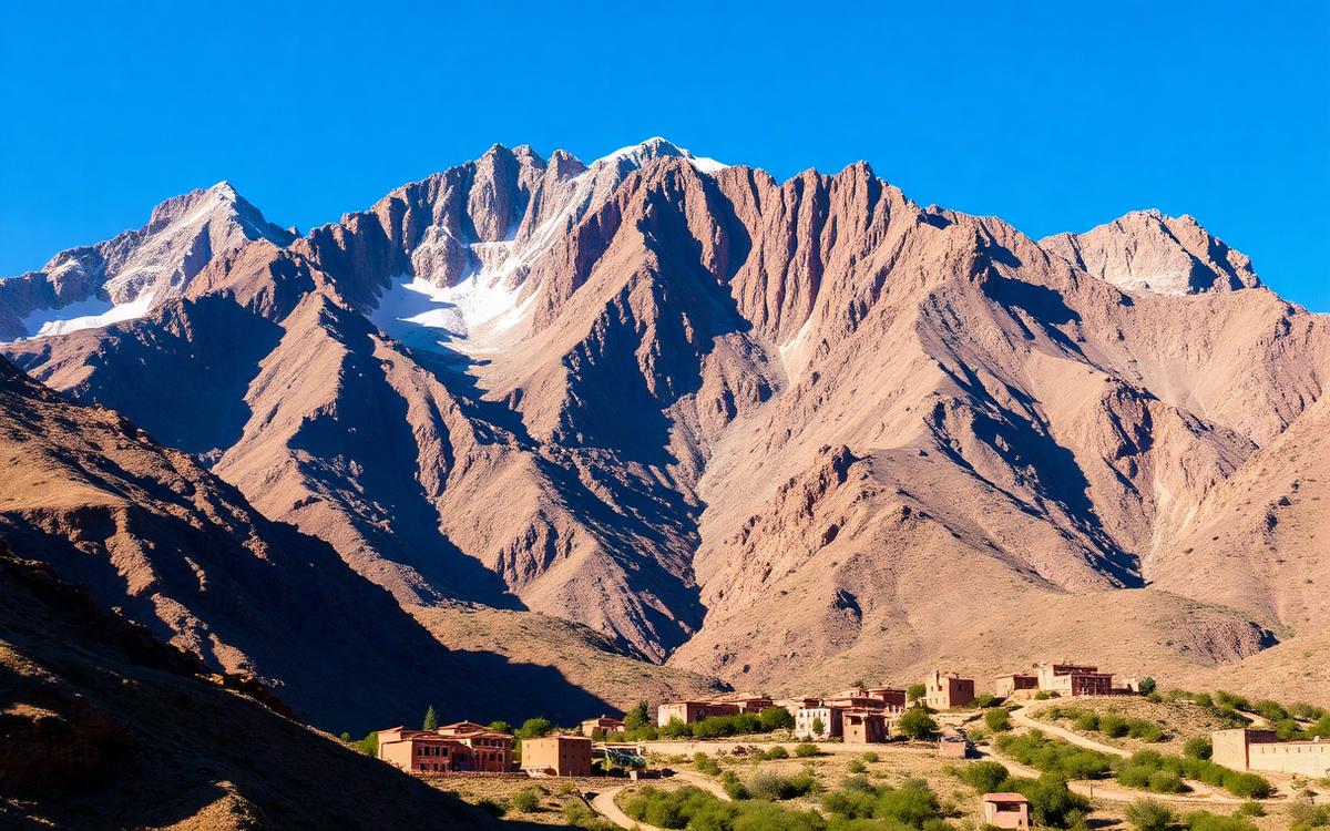 Snow-streaked High Atlas peaks above a traditional Berber village near Imlil, Morocco