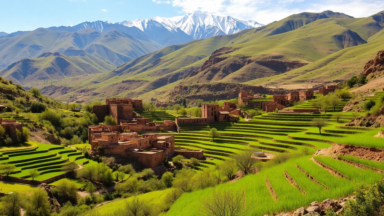 Green terraced fields and Berber village in the Ait Bouguemez valley, Morocco