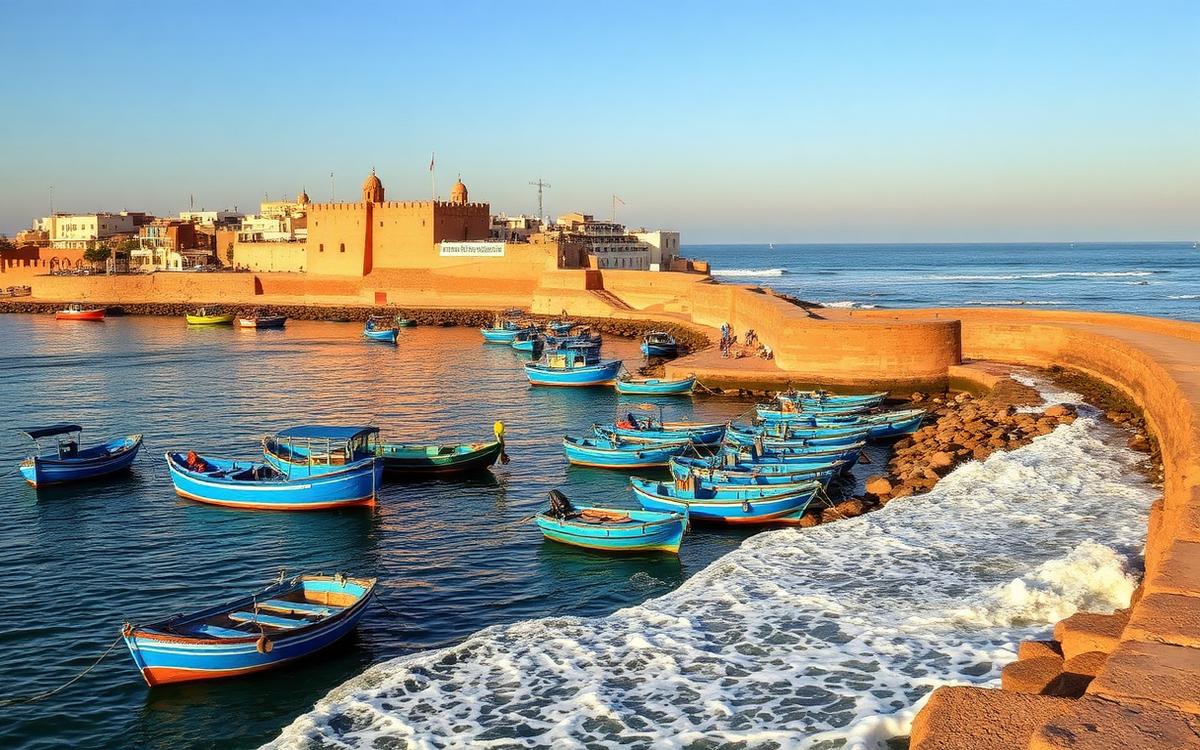 Blue fishing boats moored beside the ochre ramparts of Essaouira on Morocco's Atlantic coast