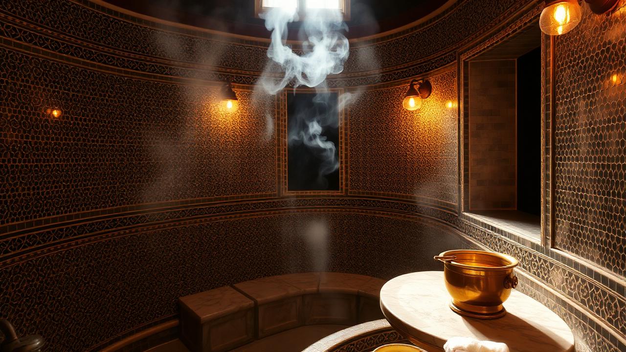 Tiled interior of a traditional Moroccan hammam with steam rising