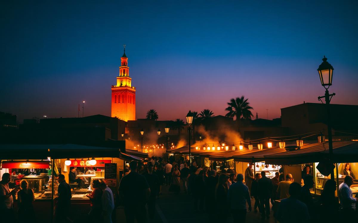 Marrakech's Jemaa el-Fnaa at dusk with food-stall lanterns and the Koutoubia minaret in silhouette