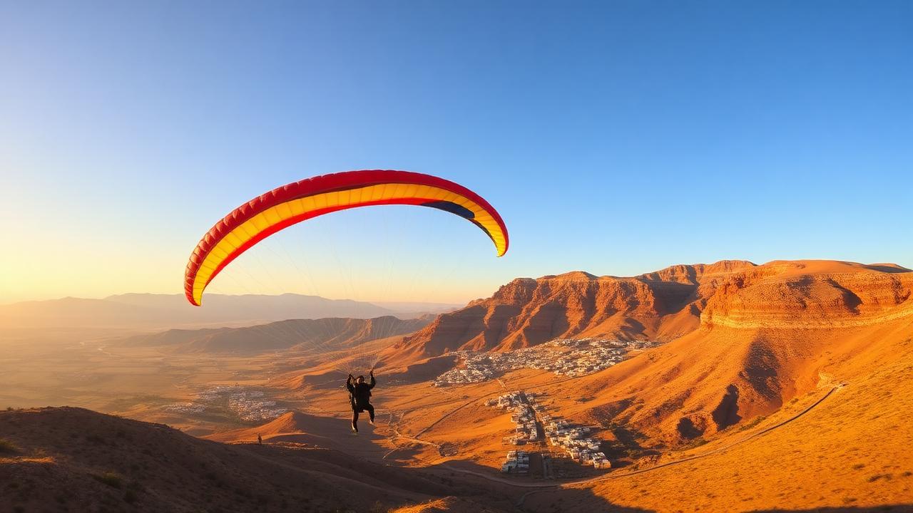 Paraglider launching from a High Atlas ridge above Berber villages in Morocco