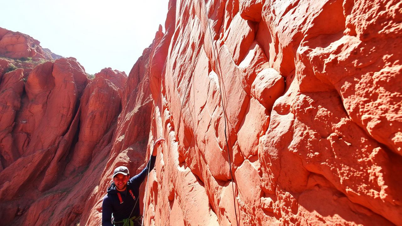 Towering red limestone cliffs of Todra Gorge in Morocco, with climbers visible on a multipitch route